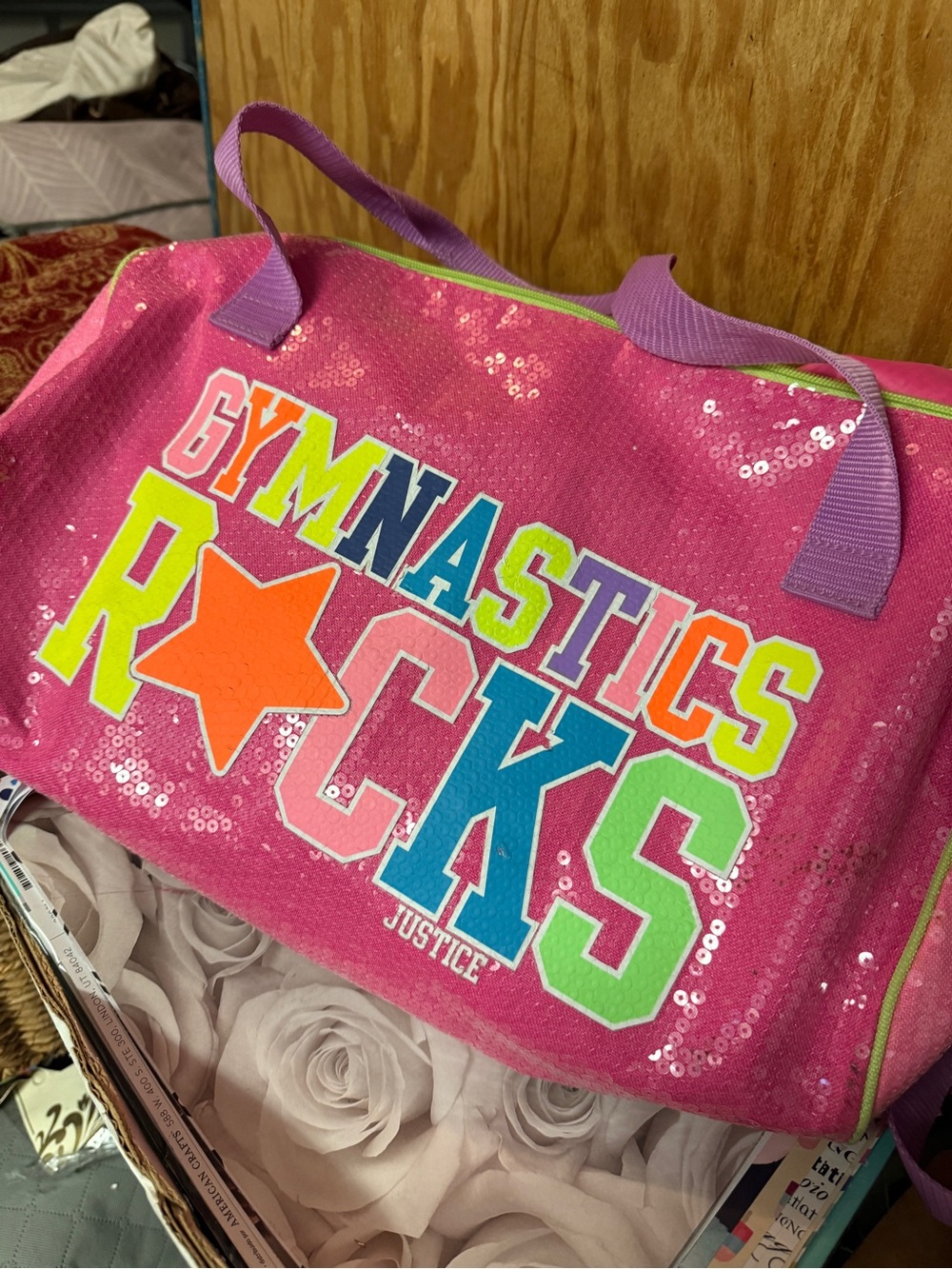 ****Justice Pink Sequin 'Gymnastics Rocks' Tote with Multicolor Lettering